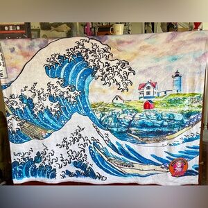 The Great Wave Off Nubble Lighthouse Soft Velveteen Blanket 50x60”
